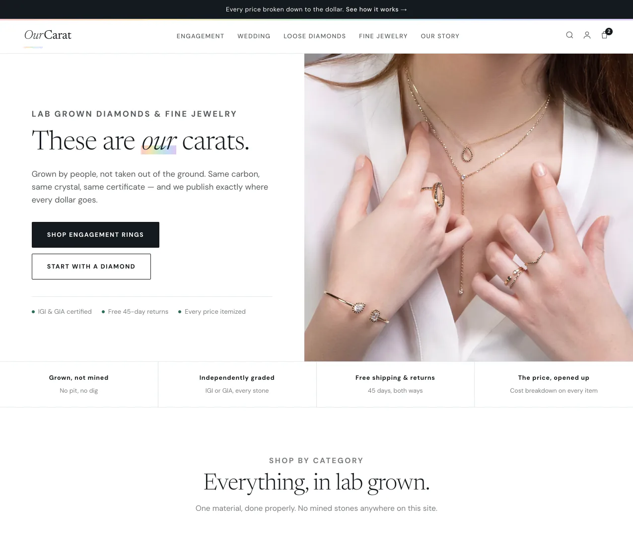 Custom commerce-only jewelry Shopify storefront with an editorial lab-grown diamond design