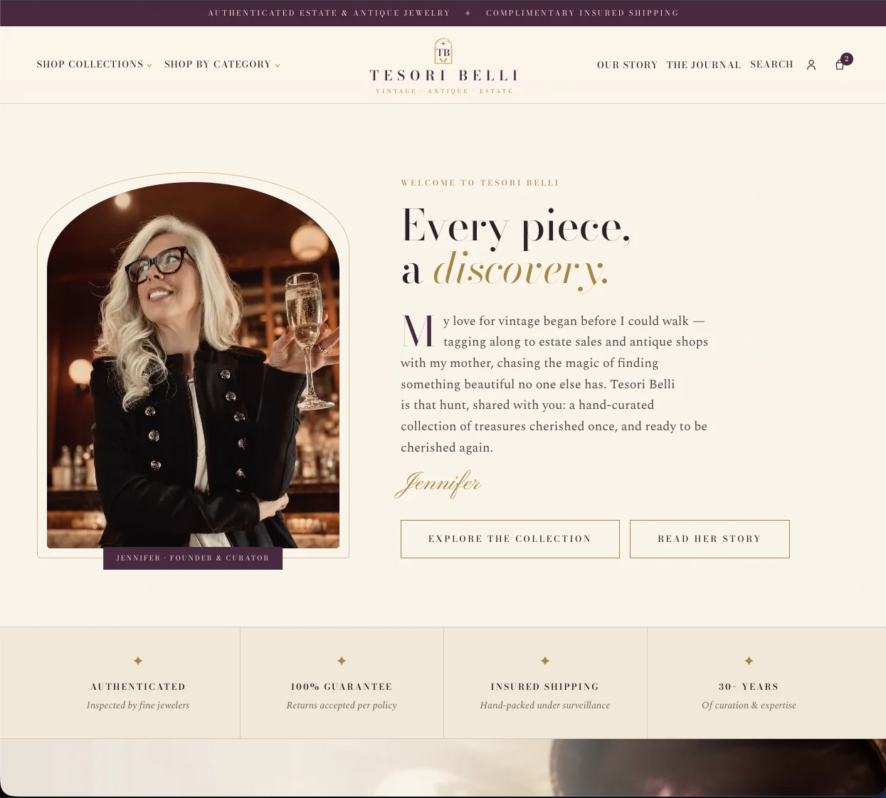 Custom retail jewelry Shopify storefront with an editorial vintage-jewelry design